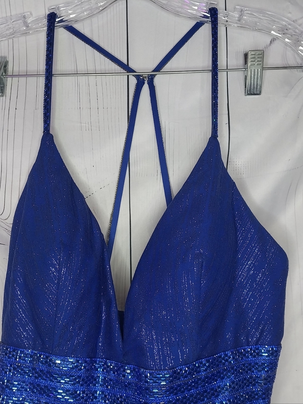Mac Duggal Royal Blue Cassandra Stone V-Neck Maxi Prom Dress - Picture 3 of 16